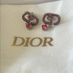 Christian Dior Pink Crystal Earrings logo with box and ribbon